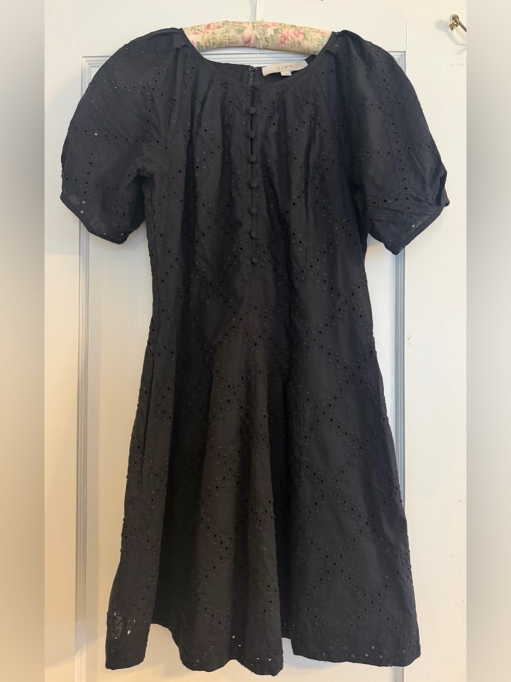 LOFT Black Eyelet Puff-Sleeve Dress